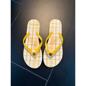 Tory Burch Yellow Plaid Flip Flops Thong Sandals Logo Size 7